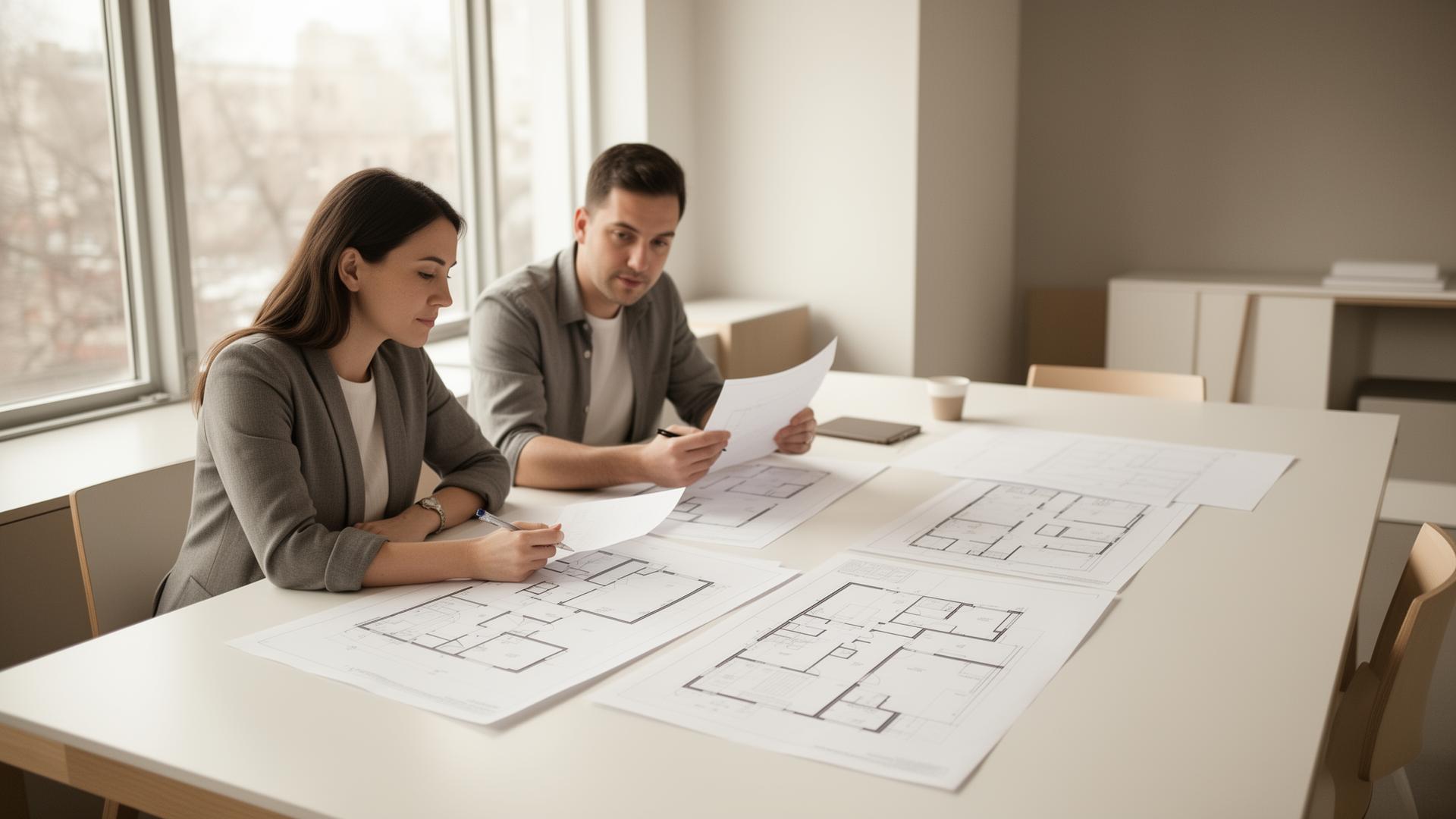 Professional design consultation reviewing architectural plans