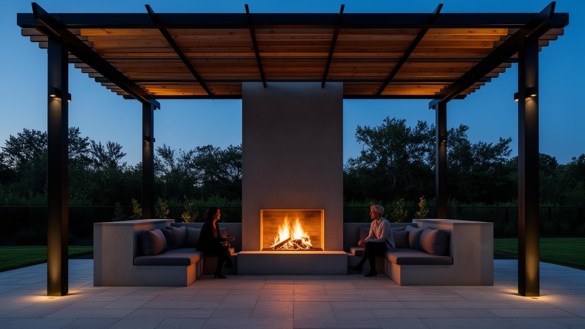 Modern pergola with fireplace at golden hour, warm ambient lighting