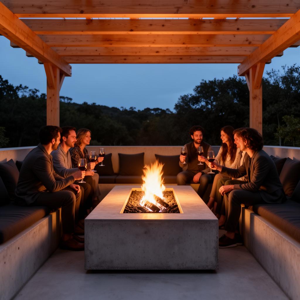 Built-in gas fireplace under wood beam pergola at golden hour