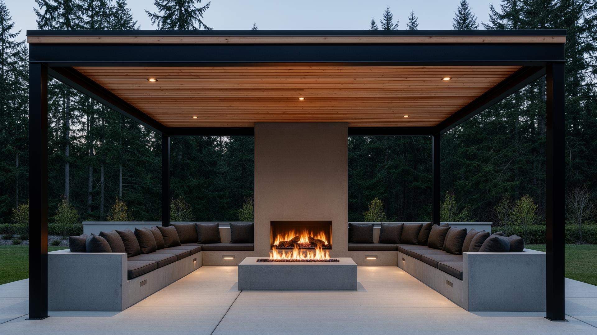 Modern wood and steel pergola over concrete patio with integrated fireplace at dusk